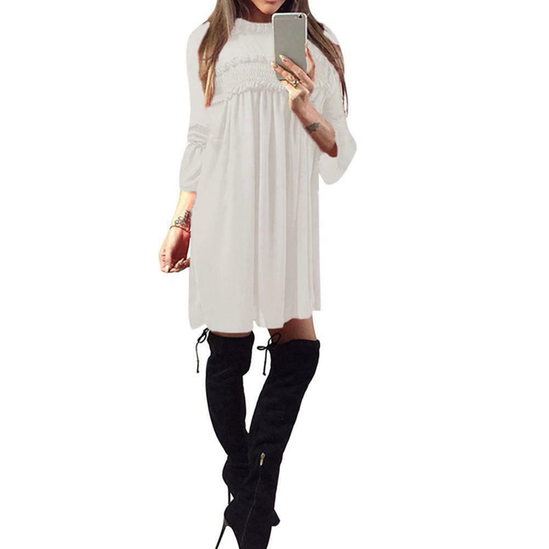 Solid Color Loose Straight Dress Pleated Women Chiffon Dresses (White S)