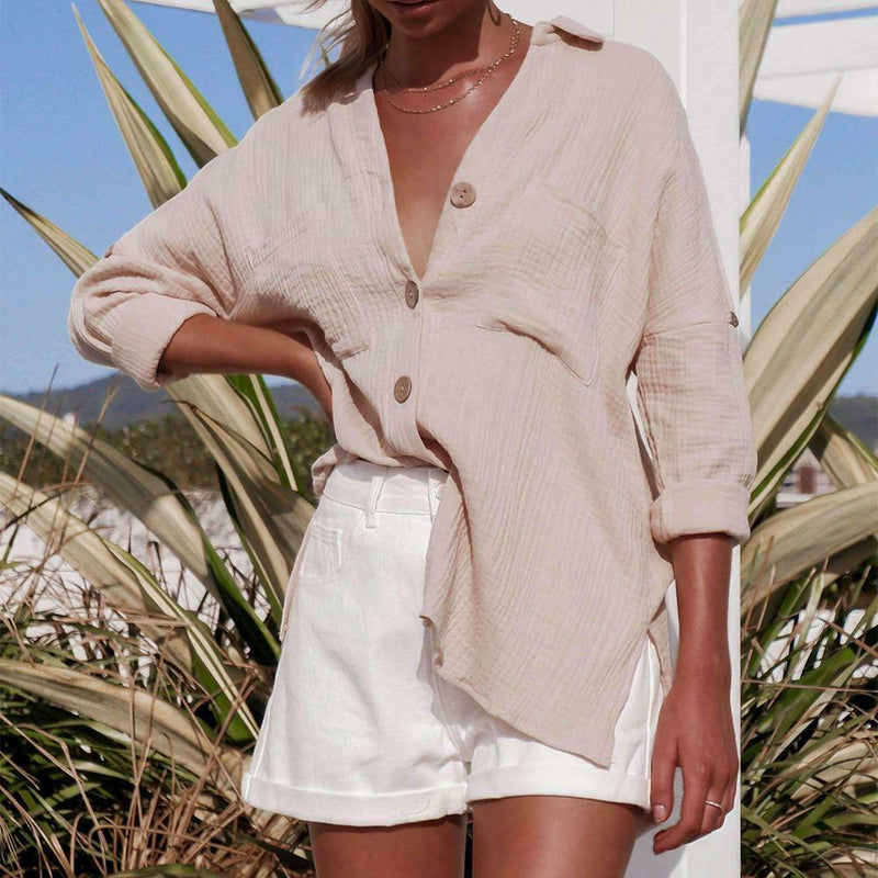 Long Sleeve Blouse Women Turn Down Collar Plain Cardigan Tops (Khaki XL)