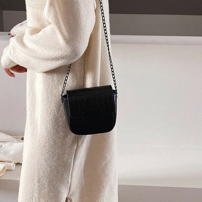 Casual Crocodile Leather Crossbody Bag Women Chain Shoulder Handbag (Black)