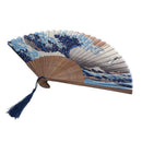 Lace Bamboo Folding fan Dark blue and white wave pattern R8B1