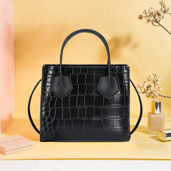 Retro Alligator PU Women Shoulder Tote Bag Portable Solid Handbags (Black)