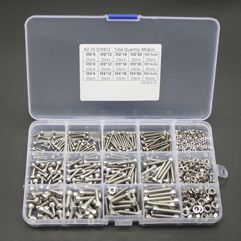 480pcs M2 M3 M4 304 Stainless Steel Hex Socket Head Cap Screws Nut Kit Set + Box