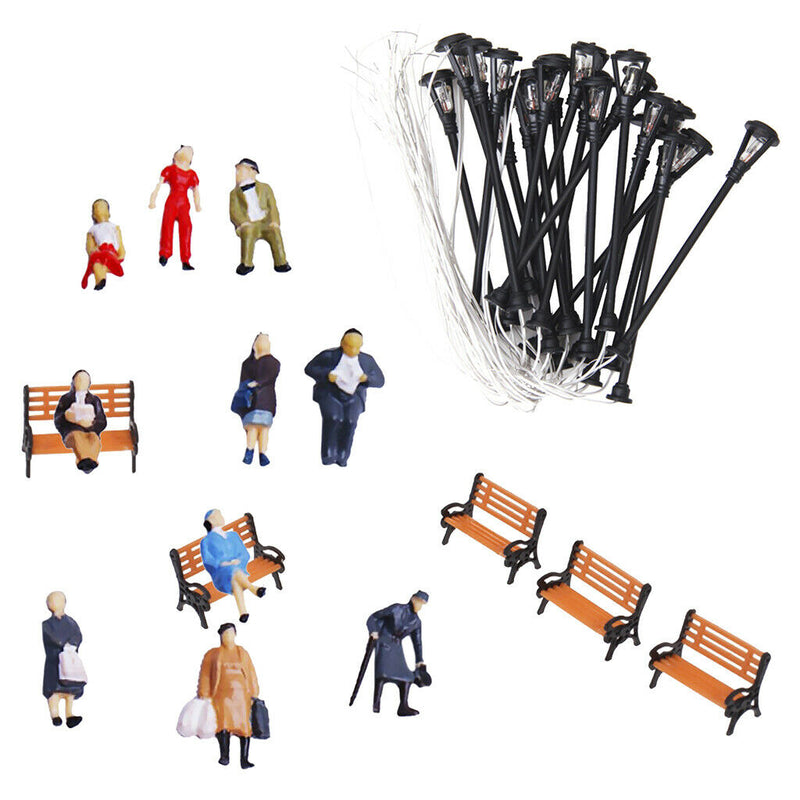 People Figures Bench Models 1:100 Lamppost Lights for Garden Park Landscape