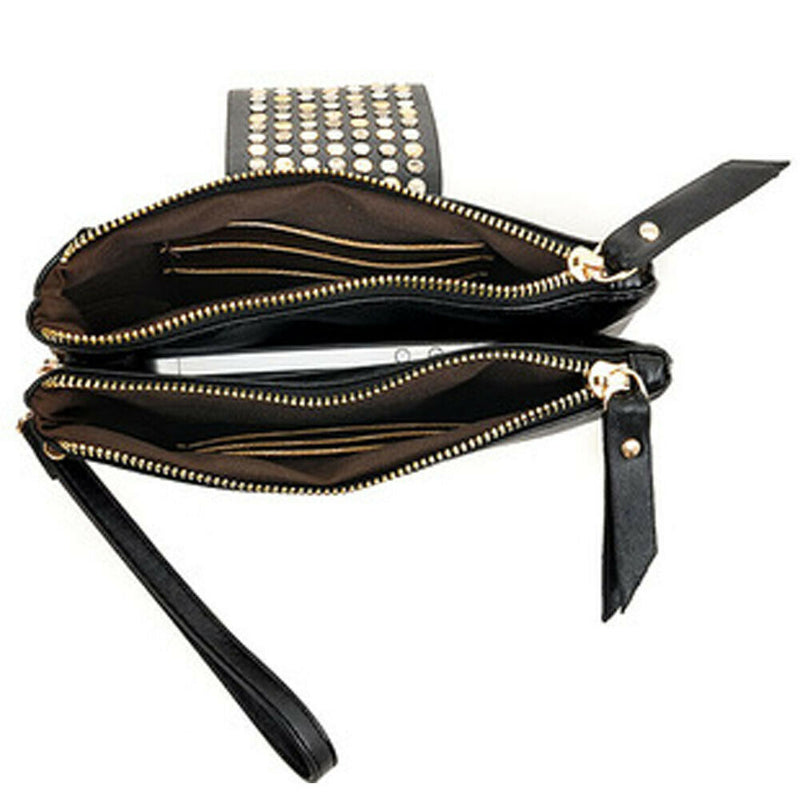 Women PU Leather Fashion Black Rivet Handbag Clutch Bag Zipper Long Wallet