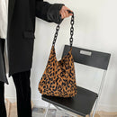 Fashion Corduroy Handbag Chain Totes Lady Shoulder Shopping Bag (Leopard)