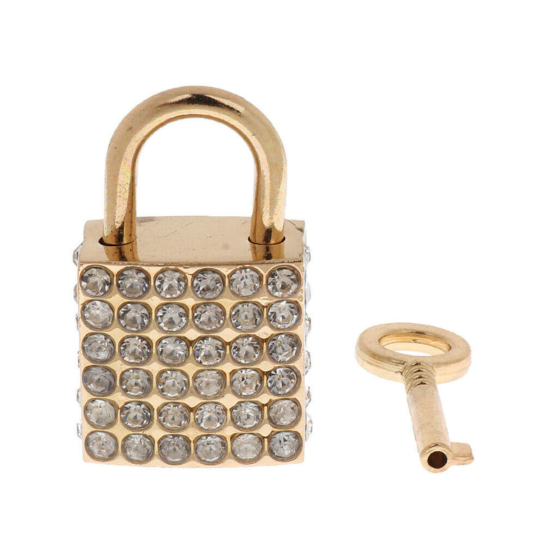 Diamante Square Shape Padlock with Key Travel Locker Set Pendant Golden