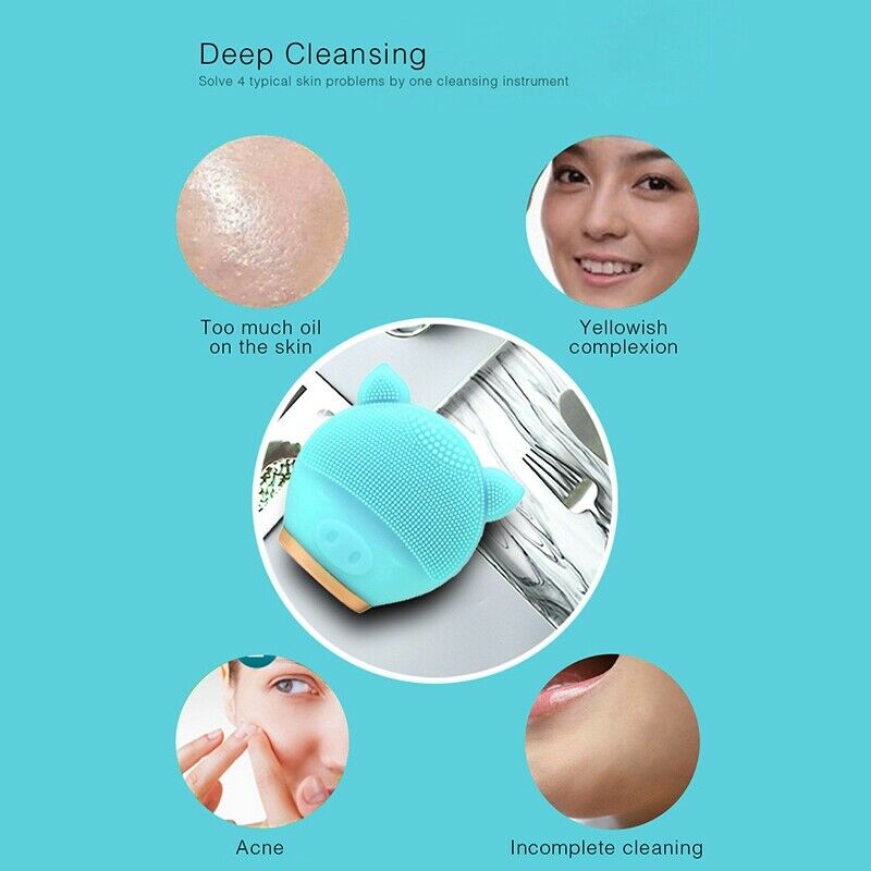 Pink Electric Facial Cleansing Brush Silicone Sonic Vibration Mini Cleanser D9J7