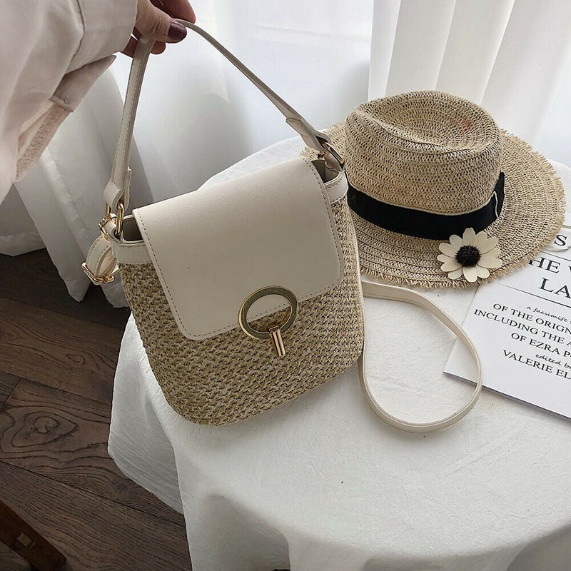 Straw Weave Women Bucket Handbags Summer Beach Totes Shoulder Bags (White)