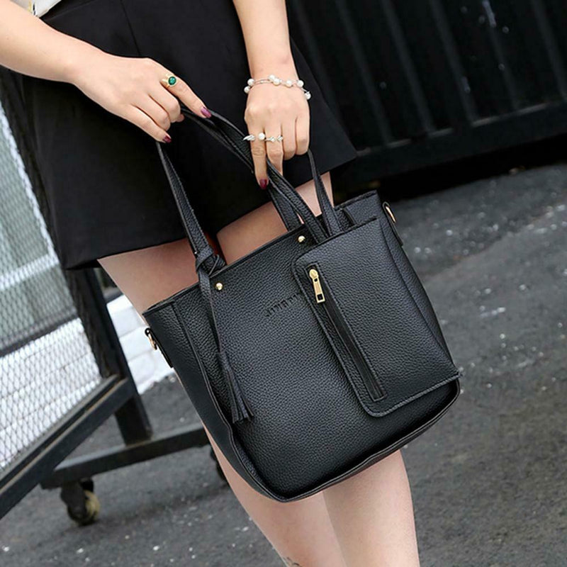 4pcs/set Litchi Leather Tassel Women Tote Shoulder Handbag Card Bags (Black