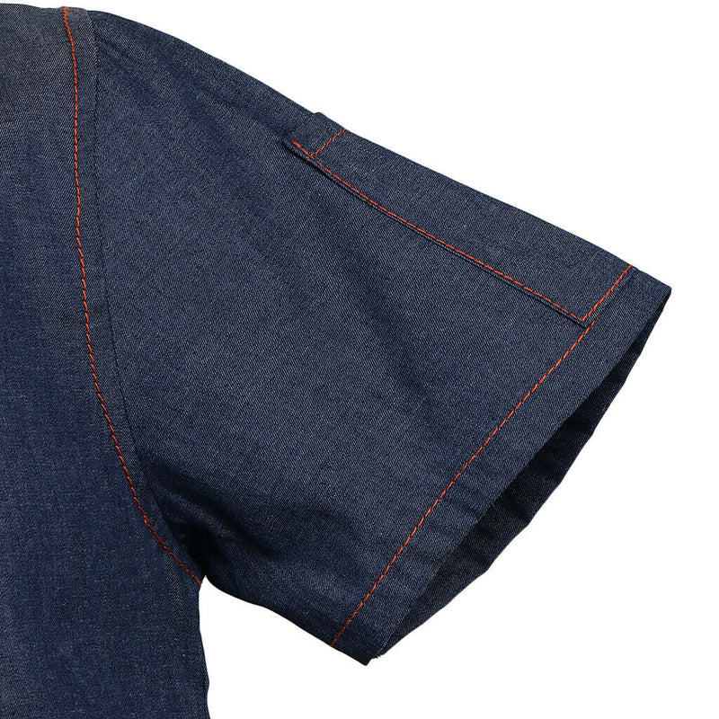 Unisex Denim Chef Jacket Coat Short Sleeves Shirt Kitchen Uniform Blue M