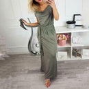 Short Sleeve Women Dress V-neck Binding Women Maxi Dresses (Army Green M)