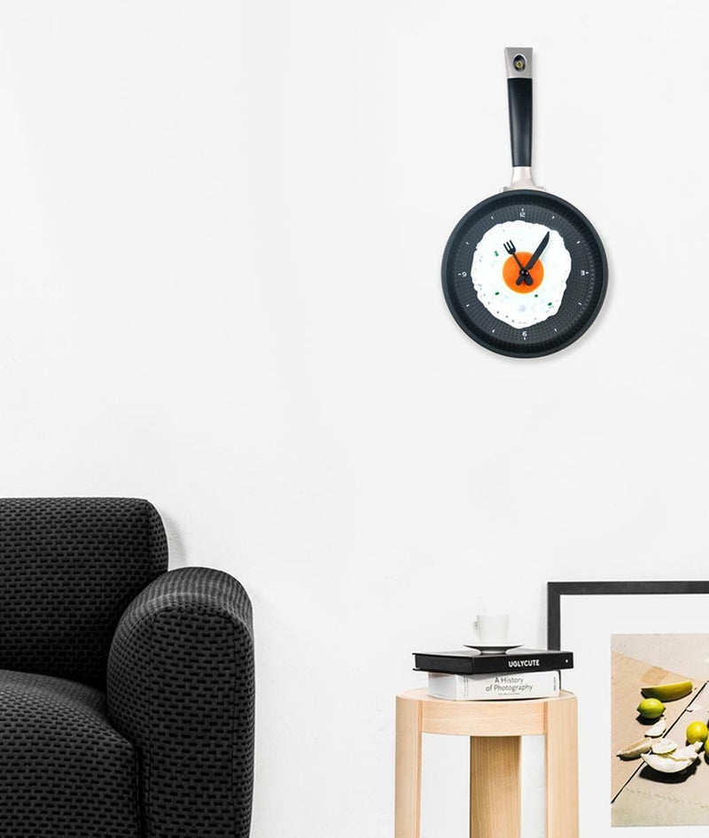 Fried Egg Frying Pan Wall CLOCK Novelty Cutlery Kitchen Cafe DIY Decoration Red