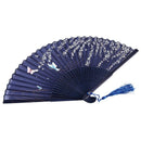 Folding bamboo lace hand fan, dark blue butterfly and white flower