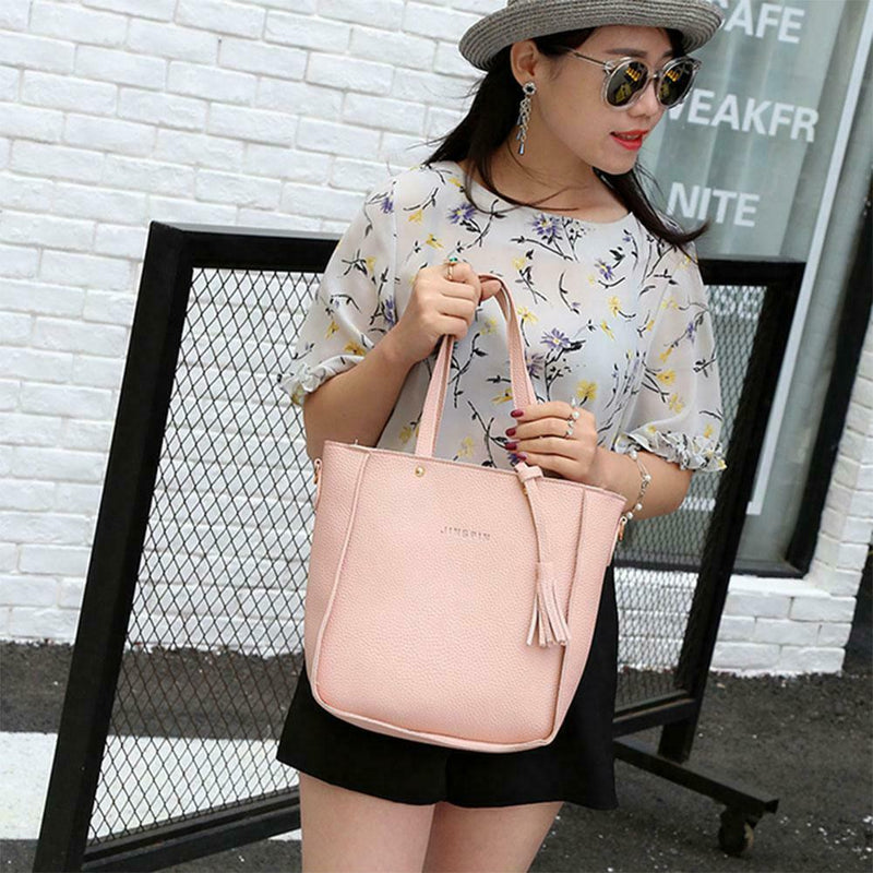 4pcs/set Litchi Leather Tassel Women Tote Shoulder Handbag Card Bags (Pink)