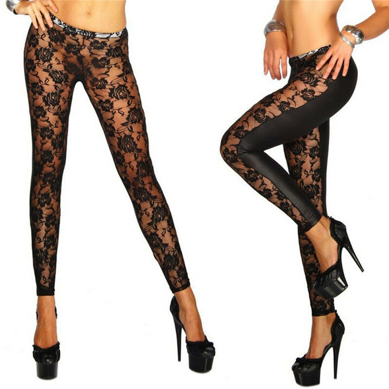 Womens Black Rose Vine Sheer Stretchy Floral Lace Leggings Tight Pencil Pants Bj