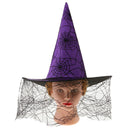 Womens Girls Gothic Halloween Purple Witch Costume Hat with Spiderweb Veil