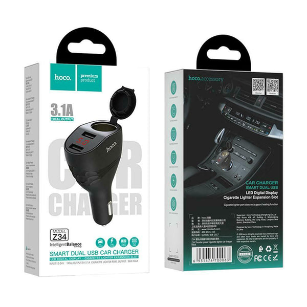 Z34 3.1A Dual USB Car Charger W/LED Display Universal Phone Car-Charger Black