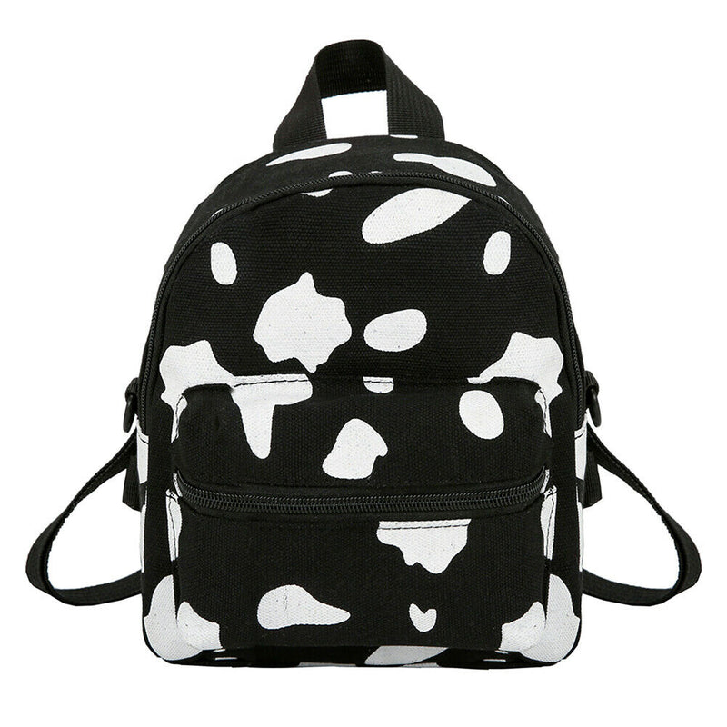 Cow Print Backpack Women Canvas Schoolbag Teenage Girl Mini Bagpack (Black)