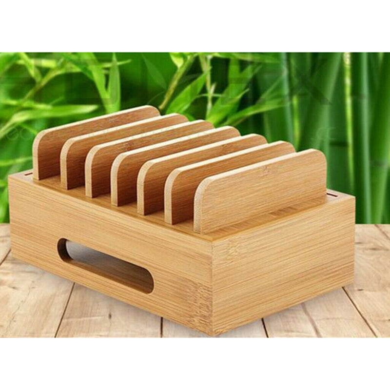 Wooden Station Dock 6 Port Charging Stand Organizer for Smartphones, Tablets &