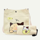 2pcs/set Women Canvas Cat Print Shoulder Crossbody Handbags Pen Bag (Beige)