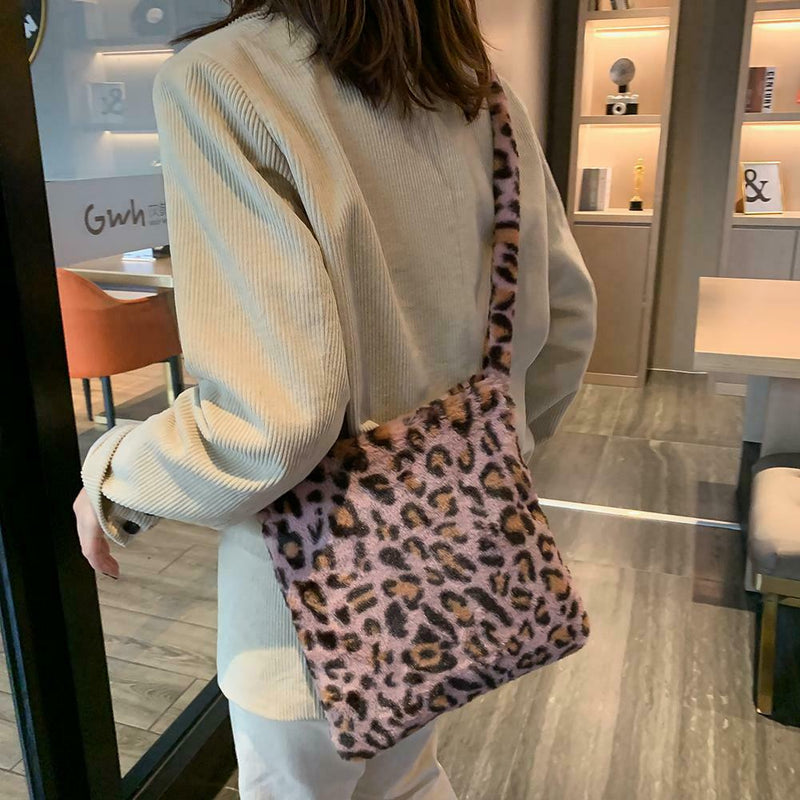 Leopard Crossbody Handbag Women Plush Retro Shoulder Messenger Bag (Pink)