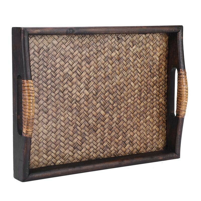 Multi-Functional Wooden Serving Trays With Handle Rectangle Handmade Rattan N7T1