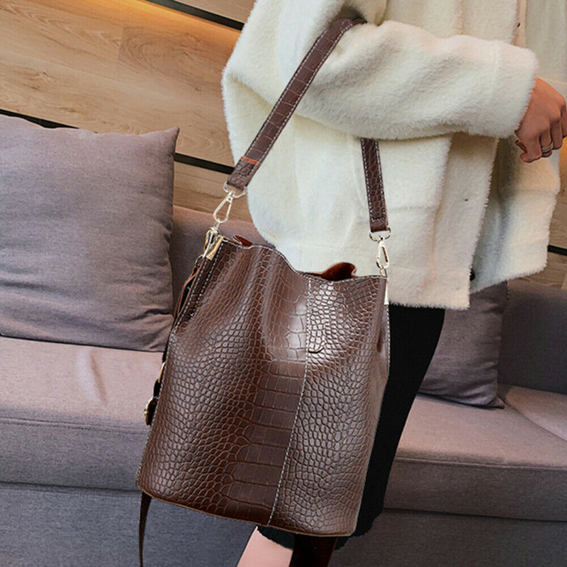 Crocodile PU Leather Women Shoulder Bag Messenger Bucket Handbag (Coffee)