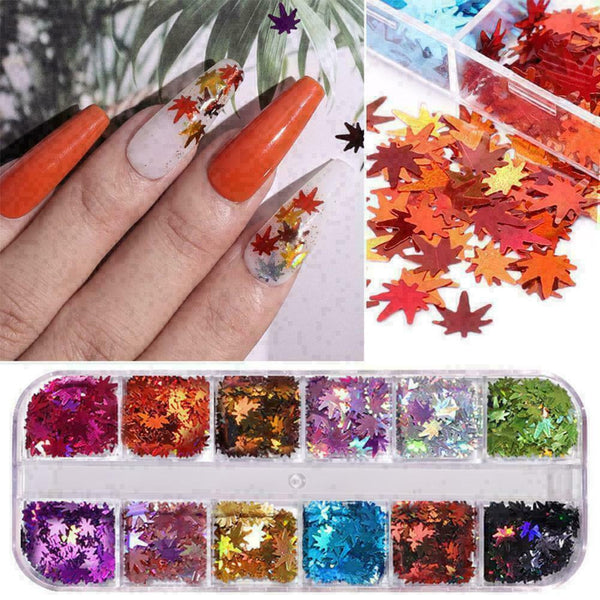 12Colors Autumn Maple Leaf Nail Art Glitter Sequins Holographic Tips Decor N7A3