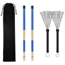 Blue 2pcs Bamboo Drumsticks+2pcs Drum Wire Brushes w/ Bag Percussion Parts
