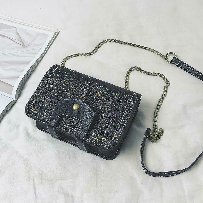 Sequins Bags Leather Splicing Women Shoulder Crossbody Square Bag (Black) A
