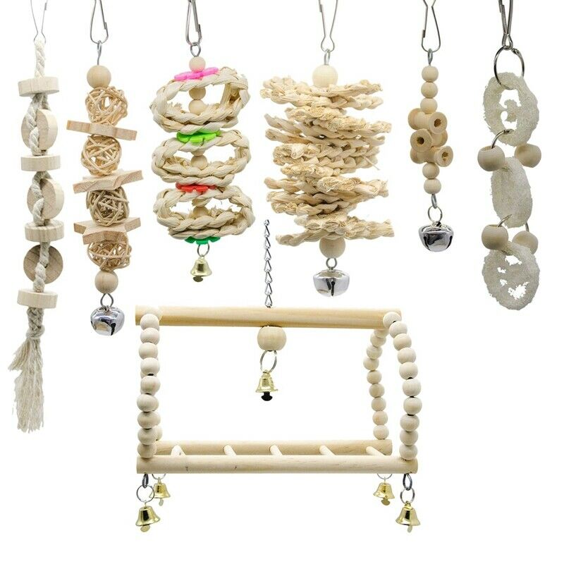 7 Packs Bird Parrot Swing Chewing Toys- Natural Wood Hanging Bell Bird Cage U6Y6