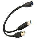 Black USB 3.0 Female to Dual USB Male Extra Power Data Y Extension Cable for