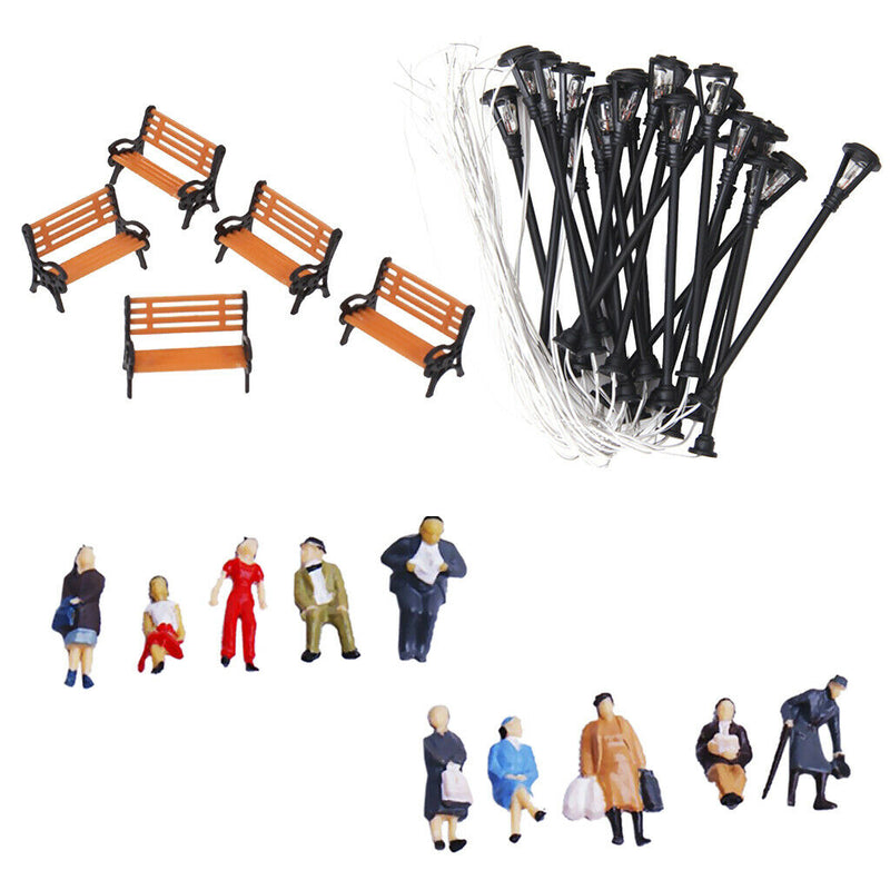 People Figures Bench Models 1:100 Lamppost Lights for Garden Park Landscape