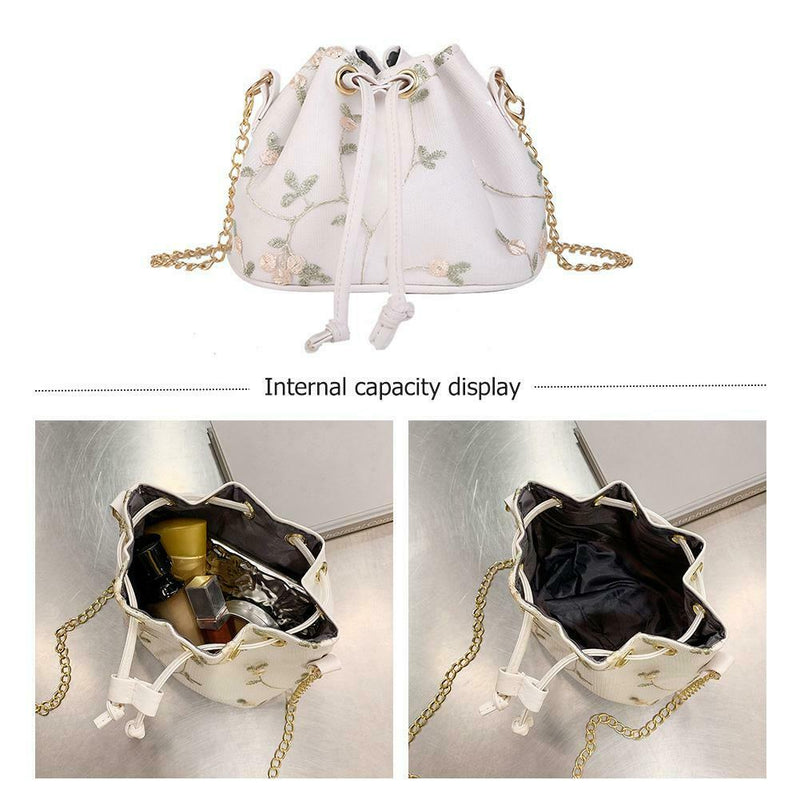 Lace Flower Print Shoulder Handbags Women Drawstring Crossbody Bags (White)