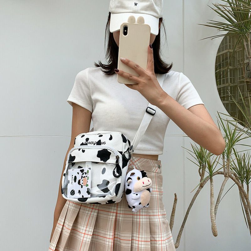 Canvas Women Cow Print Clear Splicing Pendant Shoulder Crossbody Bags (2) A