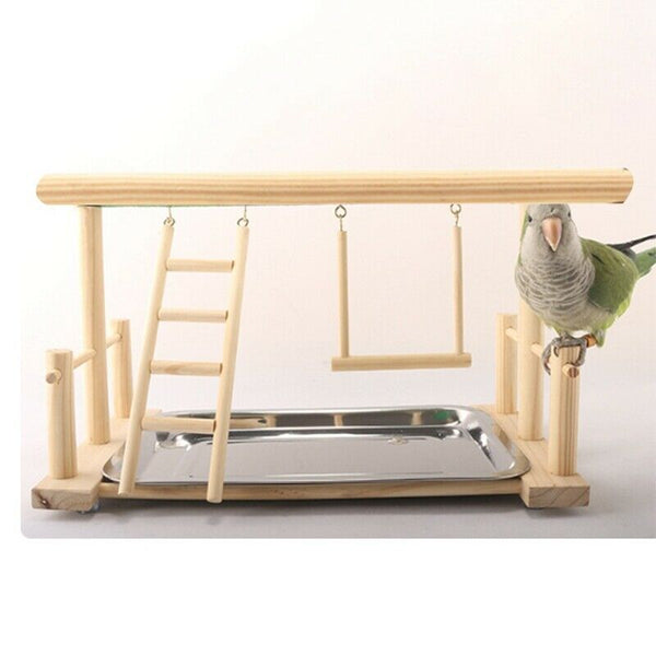 Wood Play Stand and Stainless Steel Tray Pet Bird Frame Station Parrots Pla M2G1