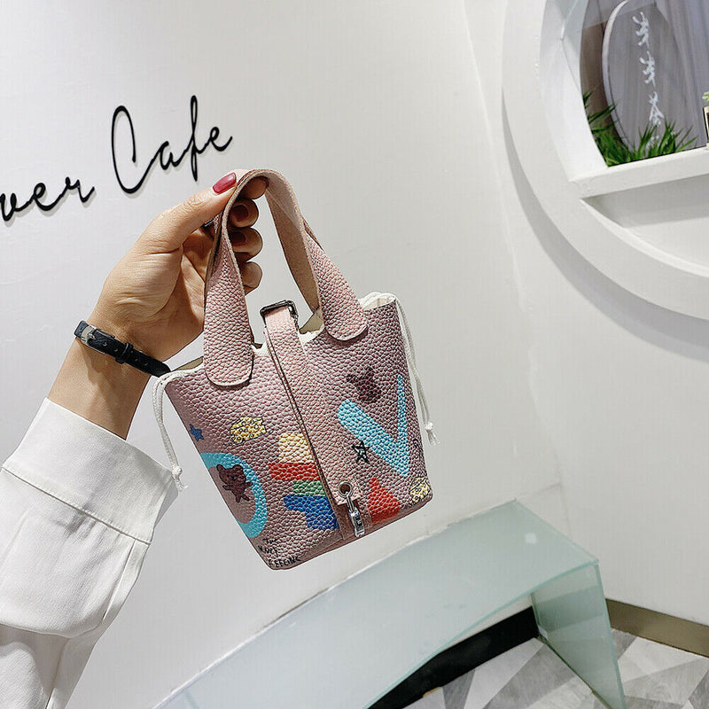 Mini Leather Shoulder Bag Women Graffiti Totes Messenger Handbag (Pink)