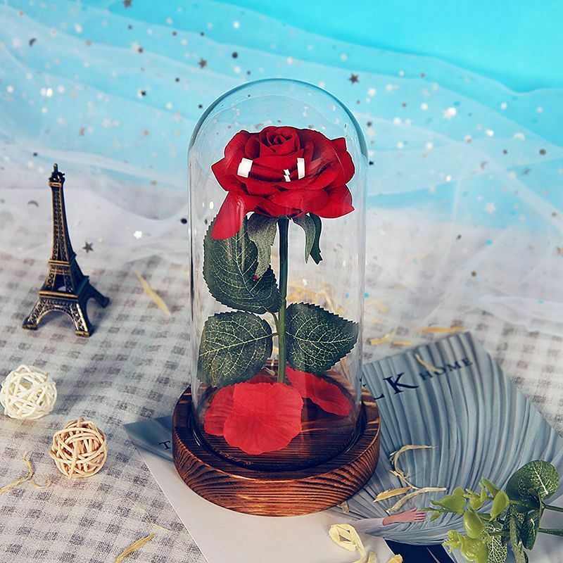 Eternal Rose Flower Red Silk Rose and LED Light with Fallen Petals in Glass K7T8