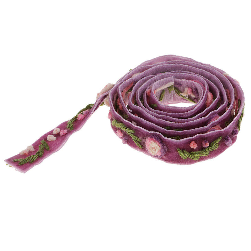 1 Yard Elegant Flower Embroidered Velvet Ribbon Lace Trim Purple for Sewing