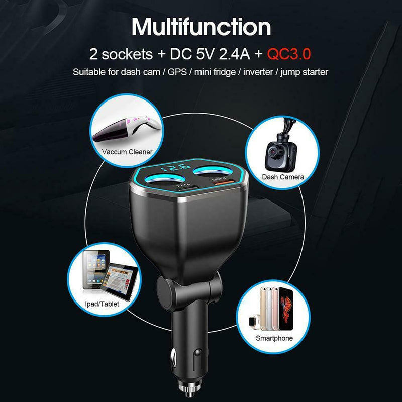 A21Q Dual USB 5V 2.4A QC3.0 LED Digital Car Phone Charger w/Lighter Sockets A
