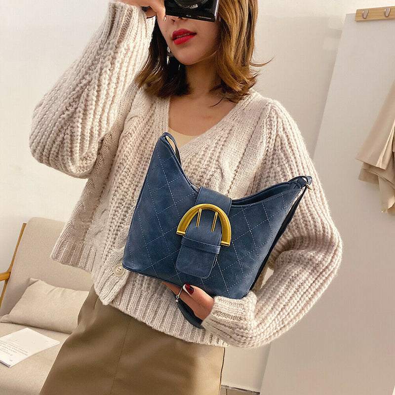 Retro Women Messenger Bag Leather Lattice Shoulder Bucket Handbag (Blue)
