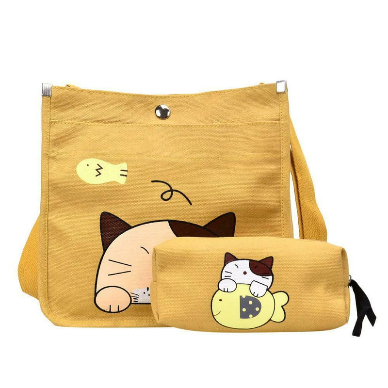 2pcs/set Women Canvas Cat Print Shoulder Satchel Handbags Pen Bag (Yellow) A