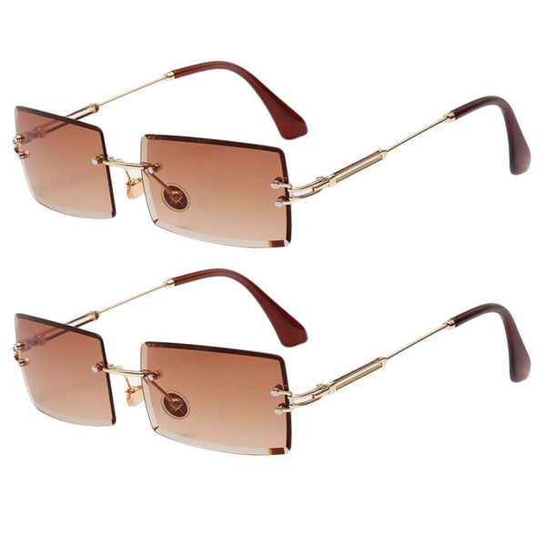 2Pack Stylish Rectangle Cut Rimless Sunglasses Tinted Lens Eyewear Shades Coffee