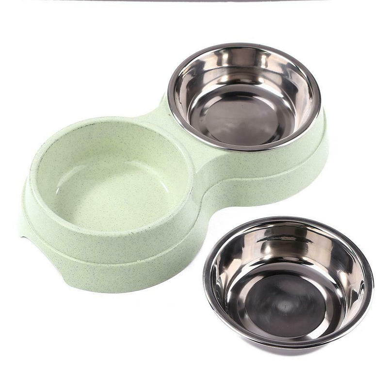 Dog Double Bowl Puppy Food Feeder Stainless Steel Pet Drinking Dish (Green) A