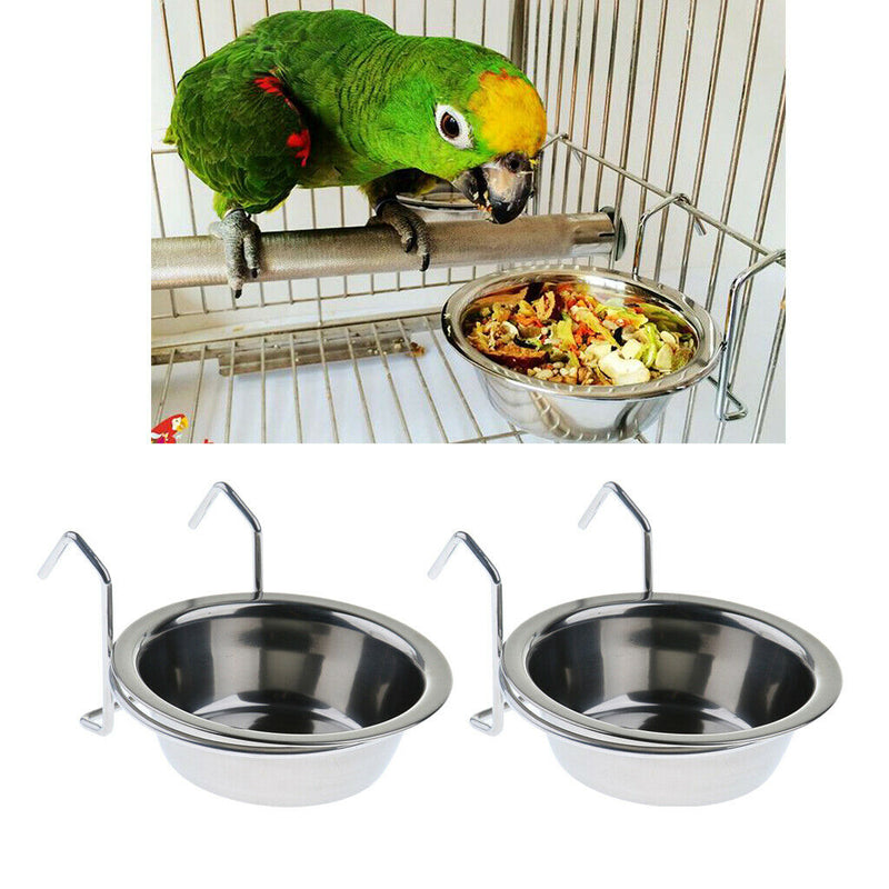 2 Pcs Stainless Steel Food Water Cup Feeder Feeding Dish For Parrot Bird Macaw