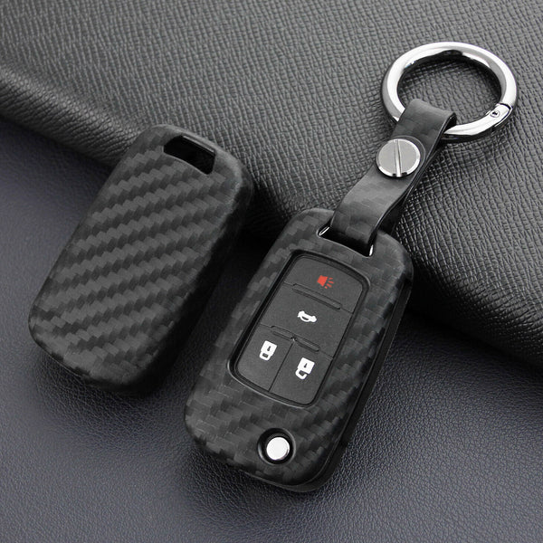 For Chevy Buick Regal Cruze Flip Car Key Fob Chain Ring Case Cover Carbon Fiber