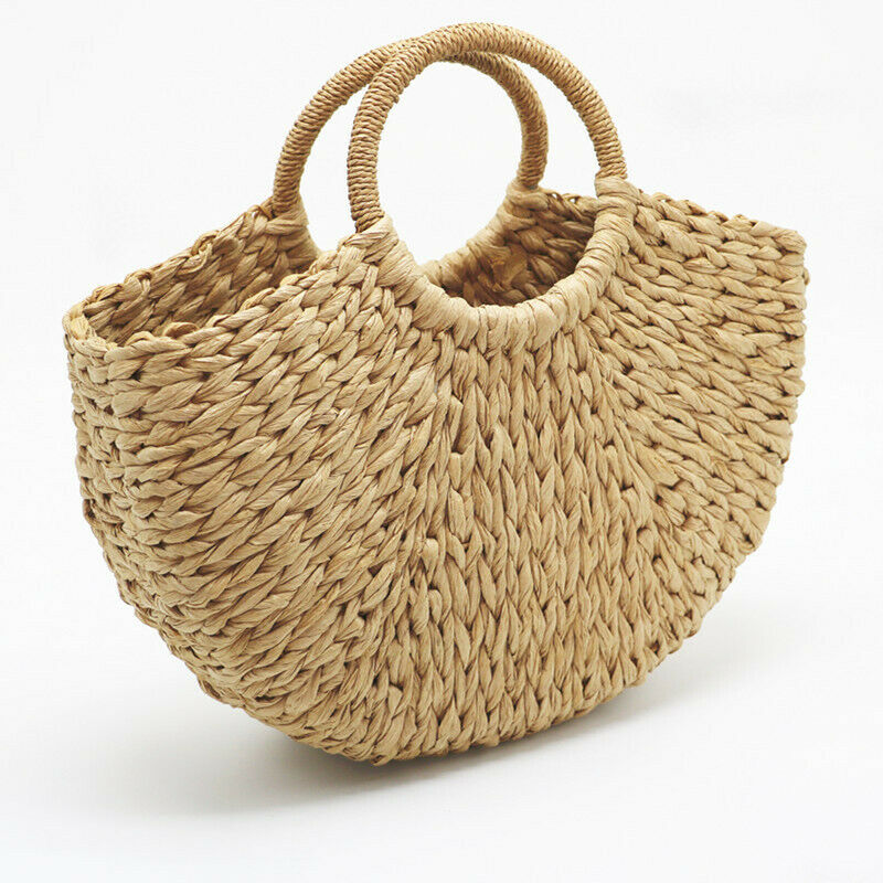 Handmade Beach Bag Round Straw Totes Bag Large Bucket Summer Bags Women Nat F2J7