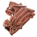 Women's Rivets Butterfly Bow PU Leather Gloves brown(L)