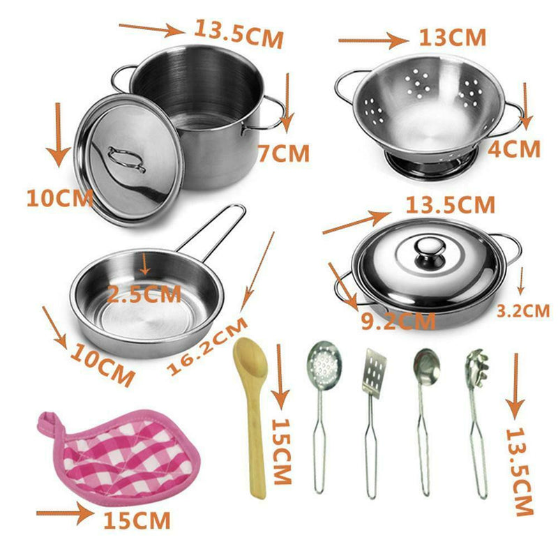 12pcs Kitchen Stainless Steel Cooking Toys Kit Kids Mini Pretend Play Tool