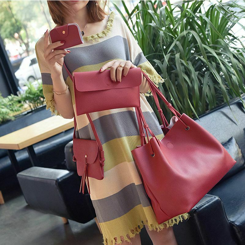 4Pcs Women Handbags Purse Shoulder Bags Casual Tassel Tote Bags(Red) K3K4